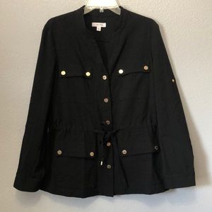 Calvin Klein coat Women's 10 black long sleeve jacket snap closure gathered EUC